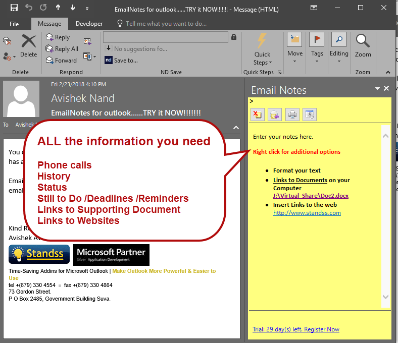 EmailNotes For Outlook Standss